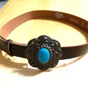 Brown Leather Belt with Turquoise Stone Center Buckle